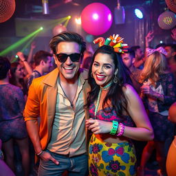 A vibrant and dynamic scene featuring Nicola Porcella and Coco Máxima, captured in an energetic and lively atmosphere