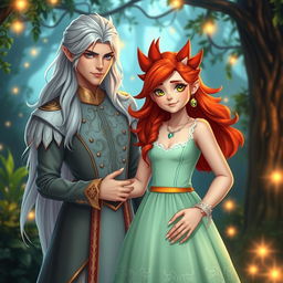 A romantic scene featuring a girl with vibrant red hair styled into pointy, playful spikes, her striking green eyes radiating charm