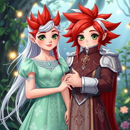 A romantic scene featuring a girl with vibrant red hair styled into pointy, playful spikes, her striking green eyes radiating charm
