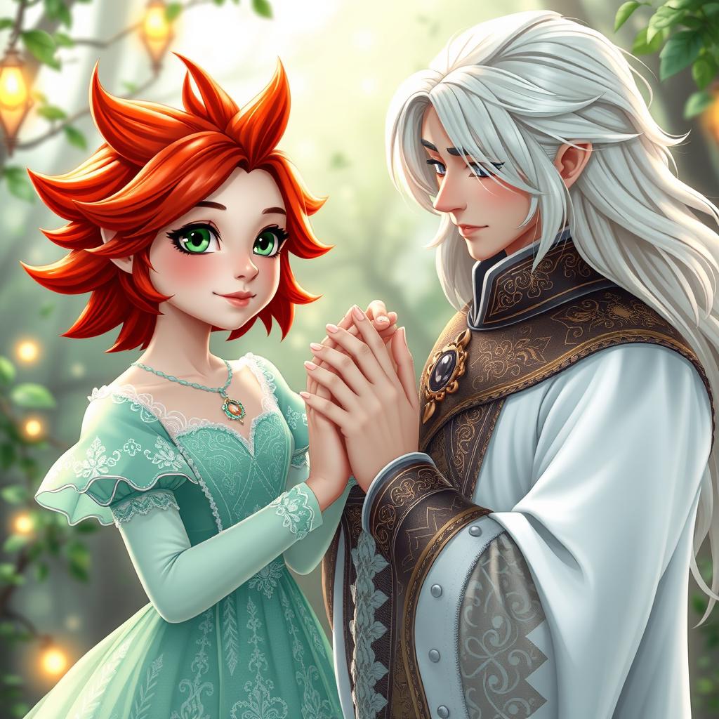 A romantic scene featuring a girl with vibrant red hair styled into pointy, playful spikes, her striking green eyes radiating charm