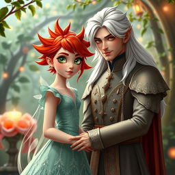 A romantic scene featuring a girl with vibrant red hair styled into pointy, playful spikes, her striking green eyes radiating charm
