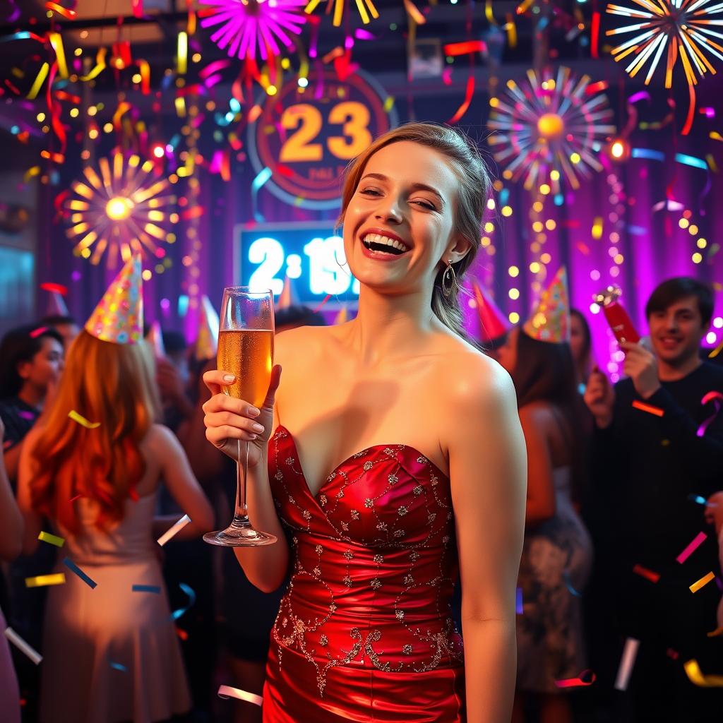 A vibrant New Year party celebration featuring a cheerful young woman dressed in a glamorous evening gown, surrounded by colorful confetti and sparkling lights