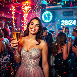 A vibrant New Year party celebration featuring a cheerful young woman dressed in a glamorous evening gown, surrounded by colorful confetti and sparkling lights