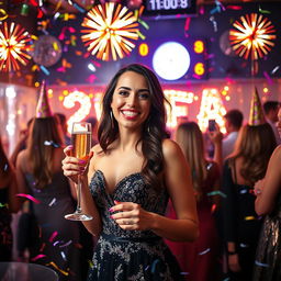 A vibrant New Year party celebration featuring a cheerful young woman dressed in a glamorous evening gown, surrounded by colorful confetti and sparkling lights
