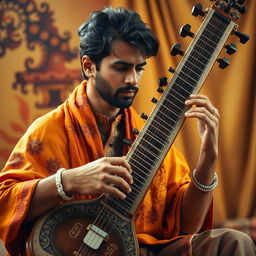 A skilled musician playing the "sitar", deeply focused on the instrument