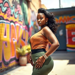 A beautiful and confident ebony woman in a stylish and form-fitting outfit, standing in a vibrant urban setting