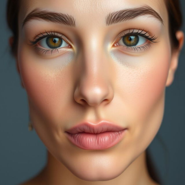 A close-up portrait of a person with a perfectly symmetrical face, featuring a well-defined and evenly shaped nose