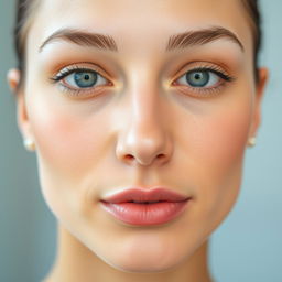 A close-up portrait of a person with a perfectly symmetrical face, featuring a well-defined and evenly shaped nose