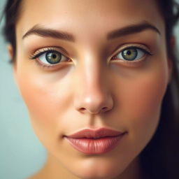 A close-up portrait of a person with a perfectly symmetrical face, featuring a well-defined and evenly shaped nose