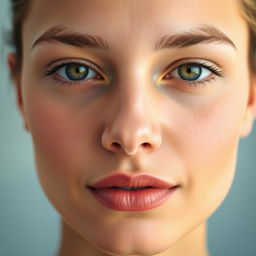 A close-up portrait of a person with a perfectly symmetrical face, featuring a well-defined and evenly shaped nose