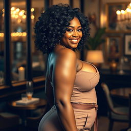 A stunning ebony woman with a voluptuous figure is featured in a glamorous setting