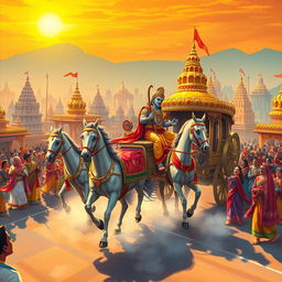 A grand historical scene depicting Lord Ram returning to Ayodhya after his exile (vanwas)