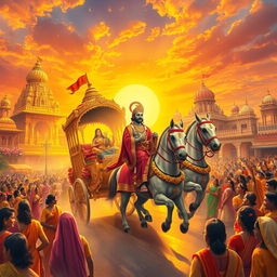 A grand historical scene depicting Lord Ram returning to Ayodhya after his exile (vanwas)