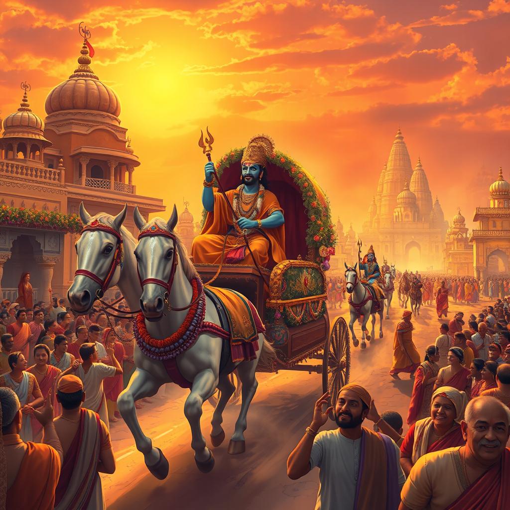 A grand historical scene depicting Lord Ram returning to Ayodhya after his exile (vanwas)