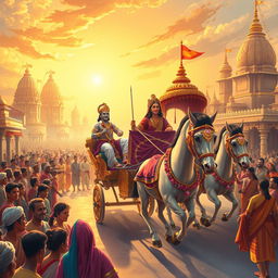 A grand historical scene depicting Lord Ram returning to Ayodhya after his exile (vanwas)