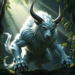 A striking creature named Adam the Beast, characterized by its stunning silver-white fur that glistens in the light