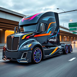 A cutting-edge semi-truck equipped with custom Ursus rims, showcasing modern design and innovation