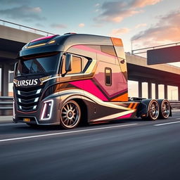 A cutting-edge semi-truck equipped with custom Ursus rims, showcasing modern design and innovation