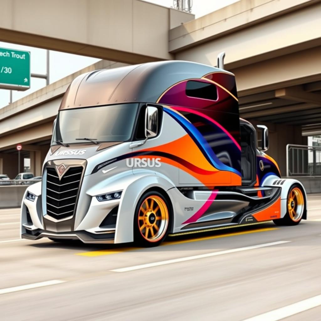 A cutting-edge semi-truck equipped with custom Ursus rims, showcasing modern design and innovation