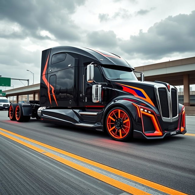 A cutting-edge semi-truck equipped with custom Ursus rims, showcasing modern design and innovation