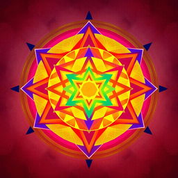 An artistic representation of the Sri Yantra featuring intricate, overlapping triangles in a vibrant color palette