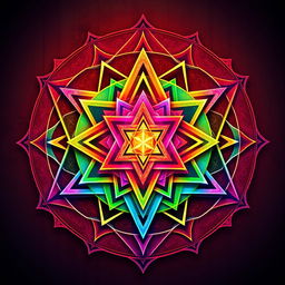 An artistic representation of the Sri Yantra featuring intricate, overlapping triangles in a vibrant color palette