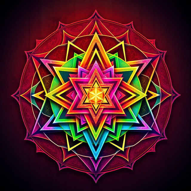 An artistic representation of the Sri Yantra featuring intricate, overlapping triangles in a vibrant color palette