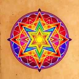 An artistic representation of the Sri Yantra featuring intricate, overlapping triangles in a vibrant color palette