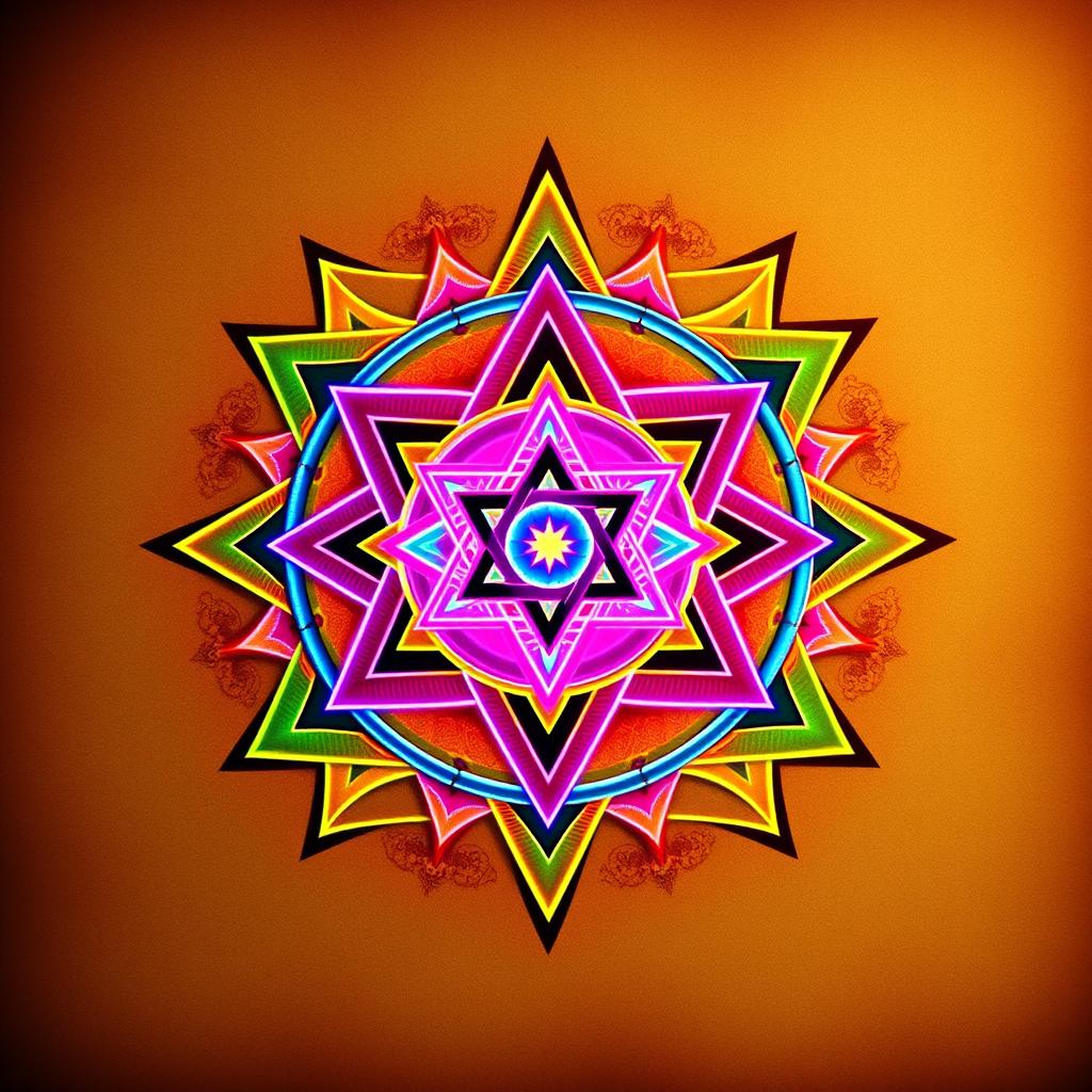 An artistic representation of the Sri Yantra featuring intricate, overlapping triangles in a vibrant color palette