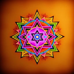 An artistic representation of the Sri Yantra featuring intricate, overlapping triangles in a vibrant color palette