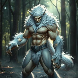 Adam the Beast in a semi-human form, possessing sleek silver-white fur that elegantly covers parts of his body, blending human and animal features