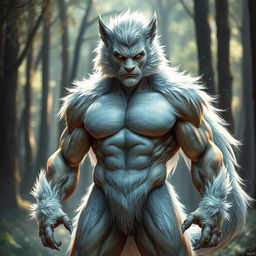 Adam the Beast in a semi-human form, possessing sleek silver-white fur that elegantly covers parts of his body, blending human and animal features