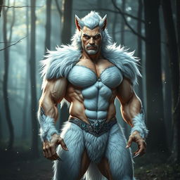 Adam the Beast in a semi-human form, possessing sleek silver-white fur that elegantly covers parts of his body, blending human and animal features