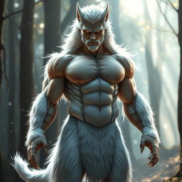 Adam the Beast in a semi-human form, possessing sleek silver-white fur that elegantly covers parts of his body, blending human and animal features