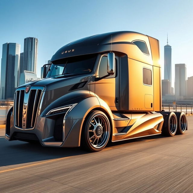 A cutting-edge semi-truck featuring custom Ursus rims, designed with a bold and innovative aesthetic