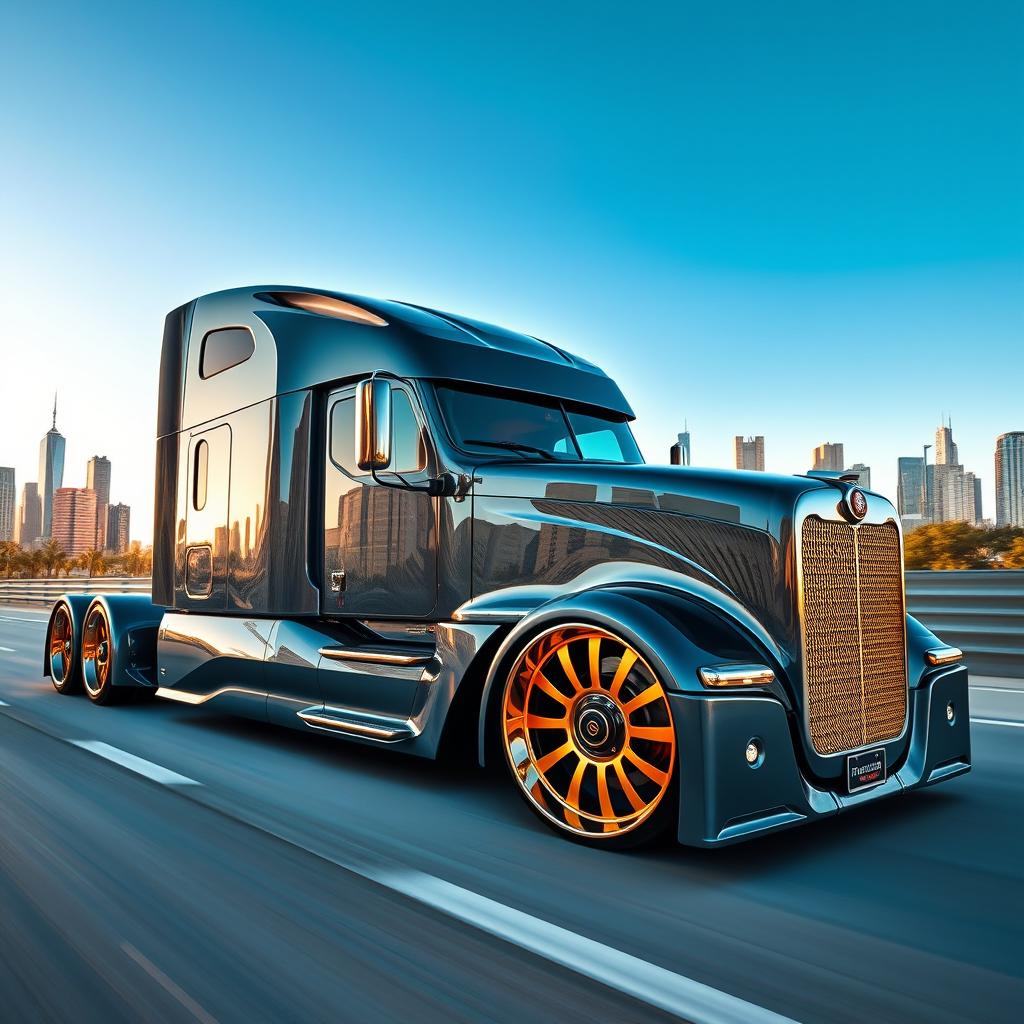 A cutting-edge semi-truck featuring custom Ursus rims, designed with a bold and innovative aesthetic