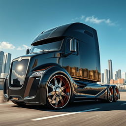 A cutting-edge semi-truck featuring custom Ursus rims, designed with a bold and innovative aesthetic
