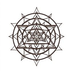 A detailed black and white illustration of the Sri Yantra, showcasing its intricate geometric patterns and interlocking triangles
