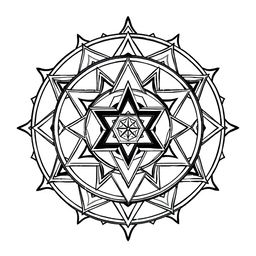 A detailed black and white illustration of the Sri Yantra, showcasing its intricate geometric patterns and interlocking triangles