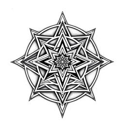A detailed black and white illustration of the Sri Yantra, showcasing its intricate geometric patterns and interlocking triangles