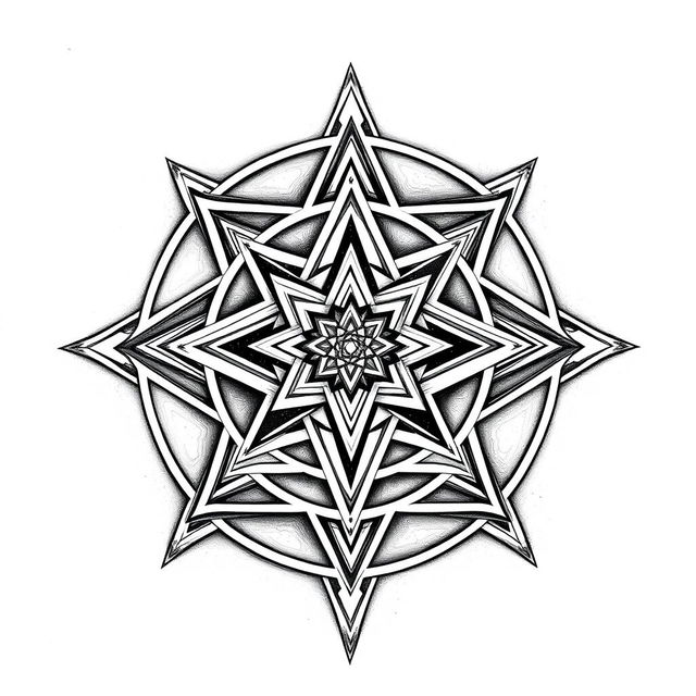 A detailed black and white illustration of the Sri Yantra, showcasing its intricate geometric patterns and interlocking triangles