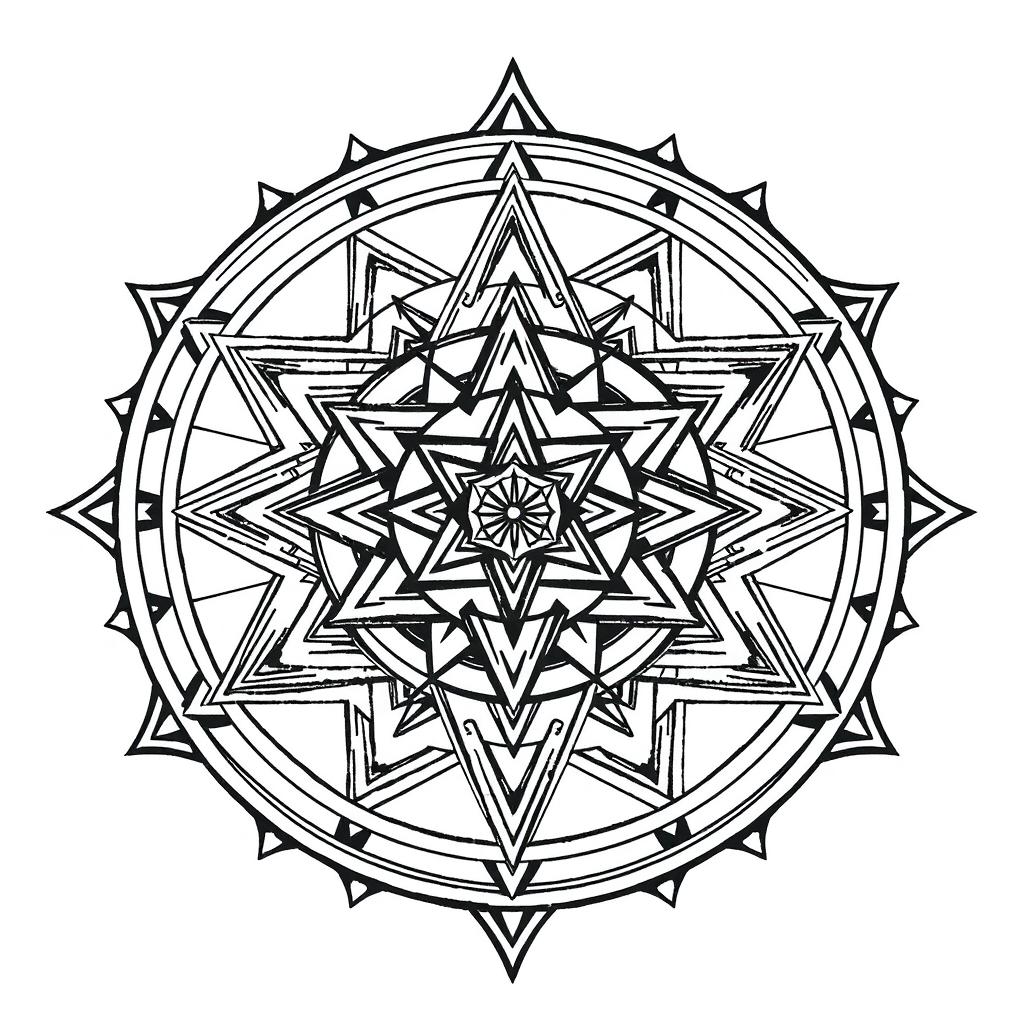 A detailed black and white illustration of the Sri Yantra, showcasing its intricate geometric patterns and interlocking triangles