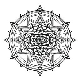 A detailed black and white illustration of the Sri Yantra, showcasing its intricate geometric patterns and interlocking triangles