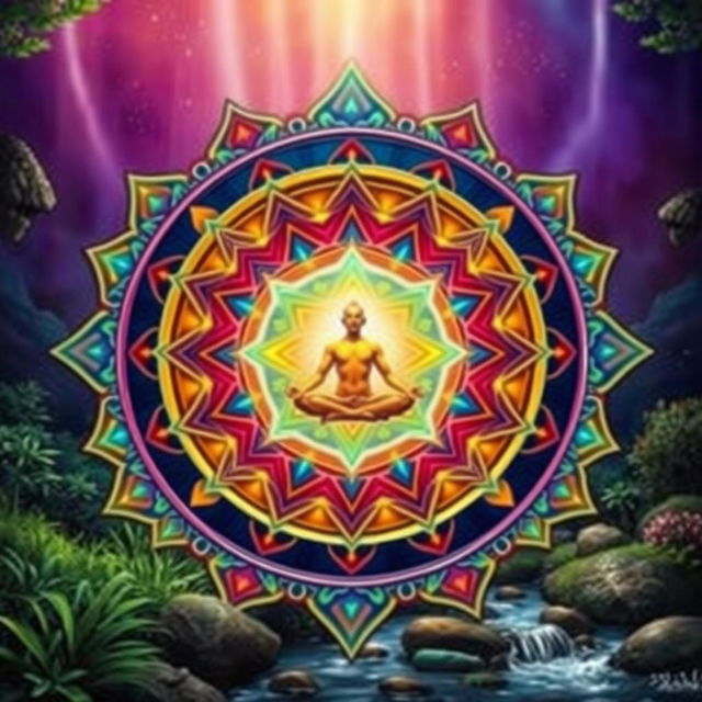 A depiction of a Sri Yantra, intricately designed with vibrant colors and mystical patterns, featuring a human figure meditating at the center