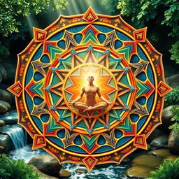 A depiction of a Sri Yantra, intricately designed with vibrant colors and mystical patterns, featuring a human figure meditating at the center