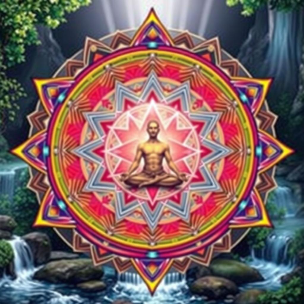 A depiction of a Sri Yantra, intricately designed with vibrant colors and mystical patterns, featuring a human figure meditating at the center