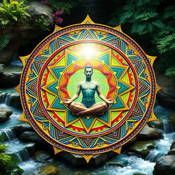 A depiction of a Sri Yantra, intricately designed with vibrant colors and mystical patterns, featuring a human figure meditating at the center