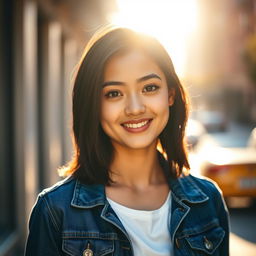 A stunning profile picture of a confident young adult with shoulder-length dark hair, wearing a stylish blue denim jacket over a white shirt, standing against a softly blurred urban background with warm sunlight filtering through