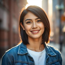 A stunning profile picture of a confident young adult with shoulder-length dark hair, wearing a stylish blue denim jacket over a white shirt, standing against a softly blurred urban background with warm sunlight filtering through