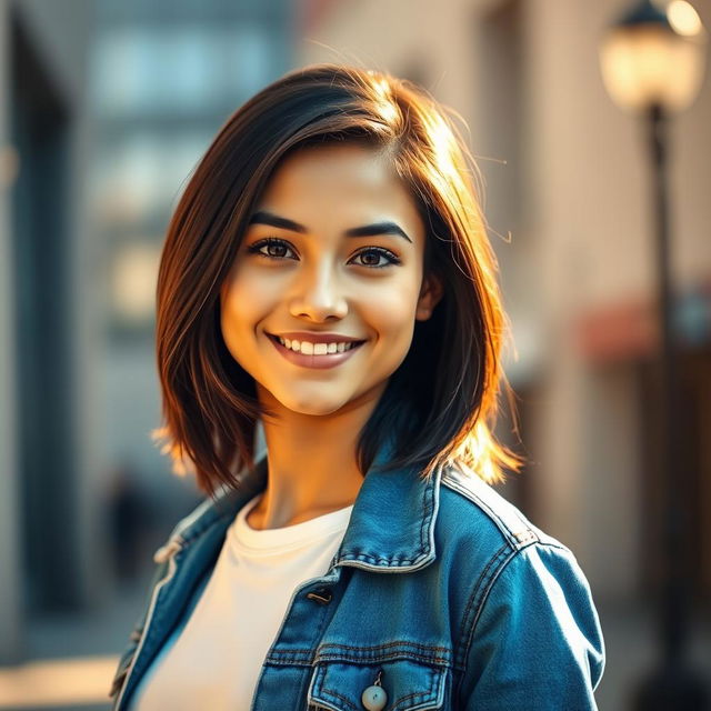 A stunning profile picture of a confident young adult with shoulder-length dark hair, wearing a stylish blue denim jacket over a white shirt, standing against a softly blurred urban background with warm sunlight filtering through